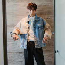 Load image into Gallery viewer, Sicilian men&#39;s autumn tide brand stitching washed denim jacket male Korean version of the trend loose men&#39;s blue jacket
