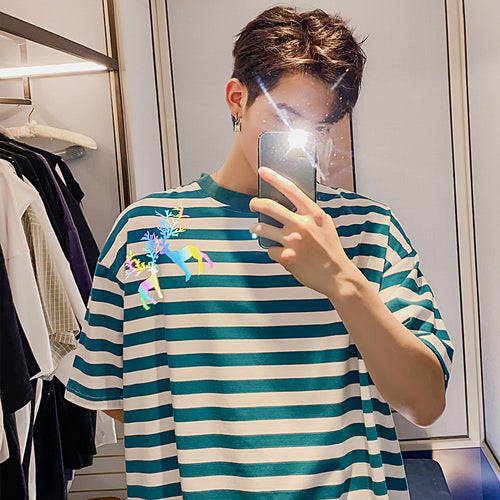 Sicilian men's Hong Kong style half-sleeved men's tide brand trend loose boys reflective printing black and white striped short-sleeved t-shirt