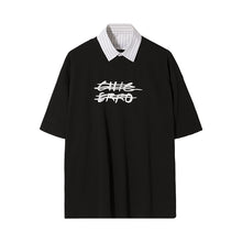 Load image into Gallery viewer, Sicilian men&#39;s clothing Hong Kong style fake two-piece half-sleeved men&#39;s trend loose men&#39;s stitching shirt collar printing short-sleeved T-shirt
