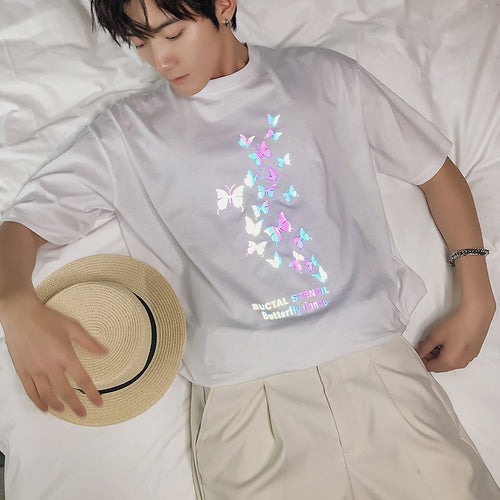 Sicilian men's summer Hong Kong style short-sleeved men's tide brand trend loose boys white reflective design t-shirt