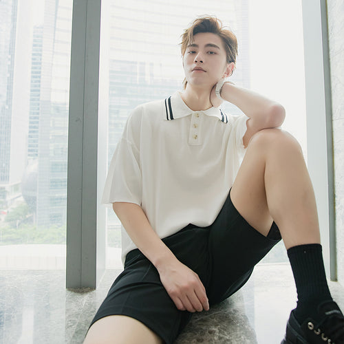 Sicilian men's summer thin knit college style short-sleeved men's trend loose white t-shirt men's polo shirt