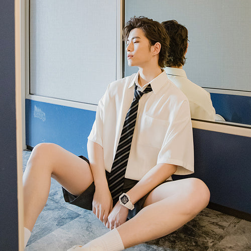 【Limited Time Special】College style short-sleeved tie shirt male Korean style trend loose half-sleeved men's white shirt