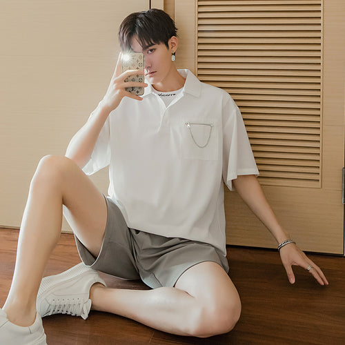 Sicilian men's summer Hong Kong style boys short-sleeved t-shirt tide brand trend loose chain pendant white Polo shirt