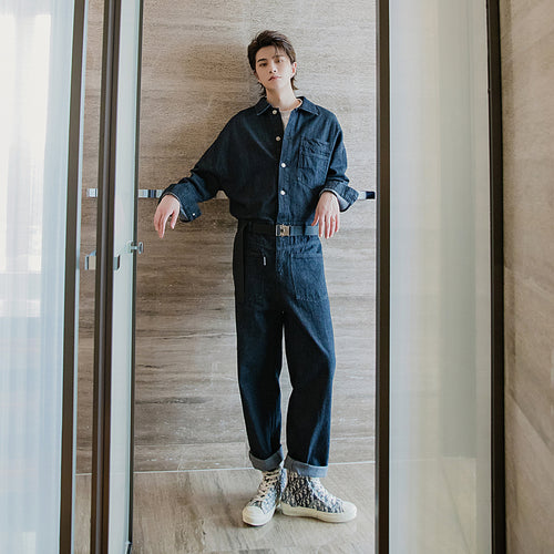 Sicilian men's casual pants men's Korean version of the trend of men's trousers handsome straight denim jumpsuit