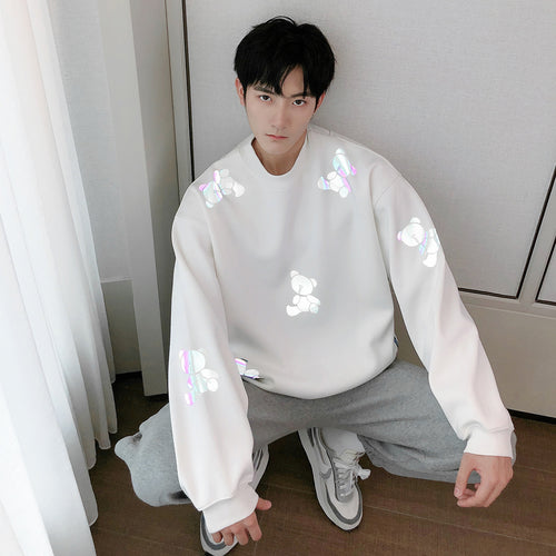 Sicilian men's round neck white shirt reflective bear loose trend casual pullover sweater men