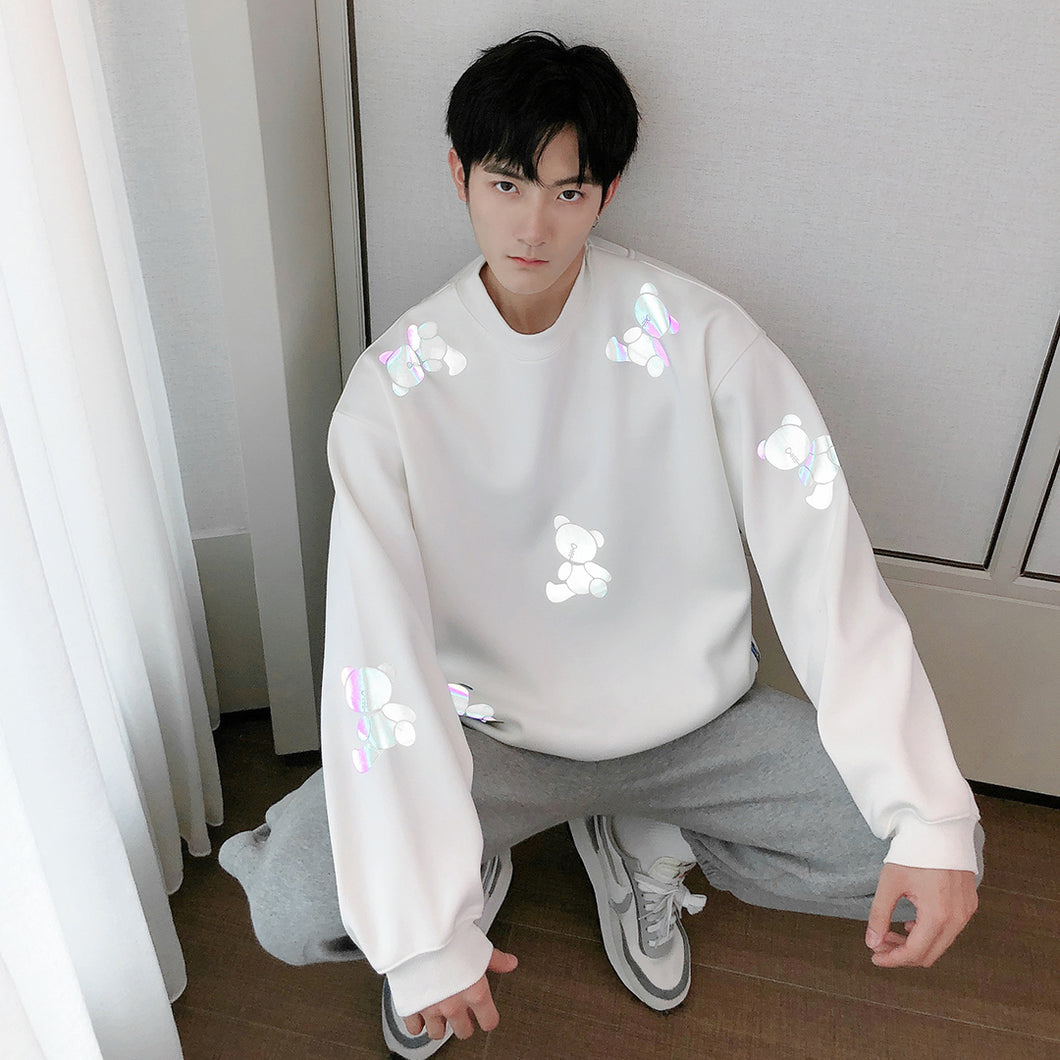 Sicilian men's round neck white shirt reflective bear loose trend casual pullover sweater men