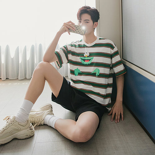 Sicilian men's clothing Hong Kong style half-sleeved men's tide brand trend loose five-point sleeve men's printed striped short-sleeved t-shirt
