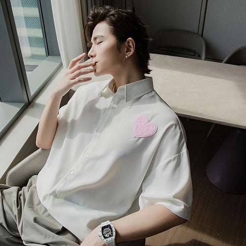 Sicilian men's white ice silk short-sleeved shirt men's Korean version of the trend loose color embroidery men's white shirt