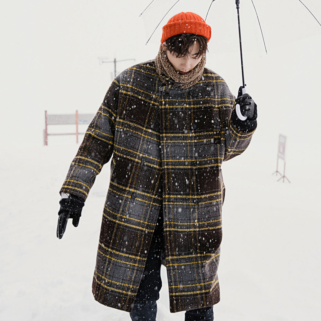 【Spot quick delivery】Lamb wool plaid mid-length woolen coat winter men's woolen coat