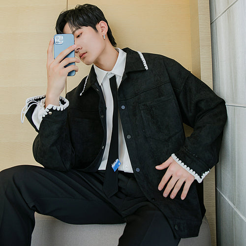Sicilian men's spring clothing new men's deerskin velvet thin contrast color casual jacket coat trend loose long sleeves