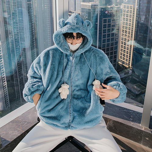 Sicilian Men's Winter New Thick Bear Head Hooded Sweater Cute Loose Casual Warm Rabbit Fleece Jacket Men