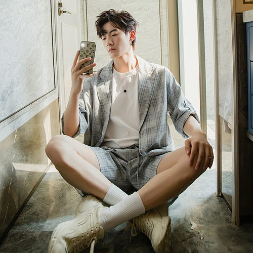 Sicilian men's spring Korean plaid suit jacket shorts two-piece suit men's casual suit suit men