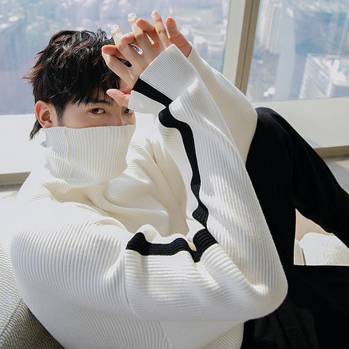 Sicilian men's winter new turtleneck sweater Korean version of the trend of contrast stitching loose wild men's sweater