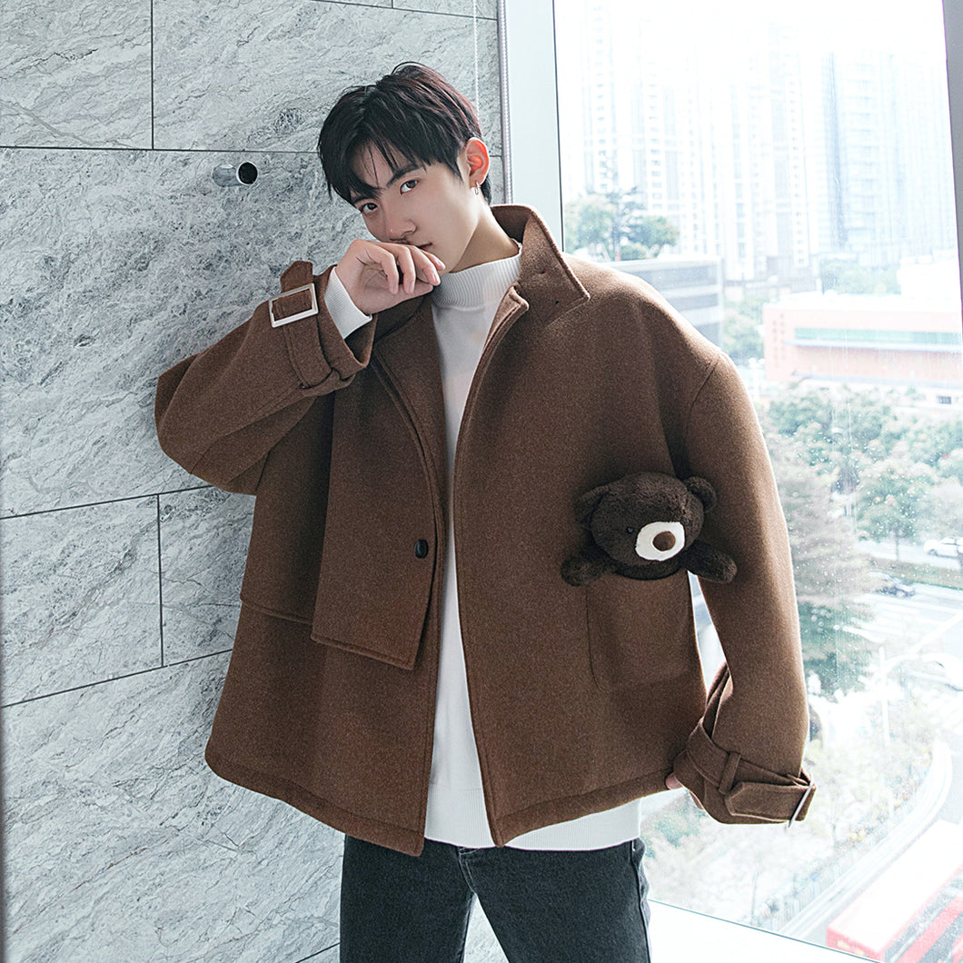 Sicilian Men's Youth Pure Color Short Woolen Back Bear Loose Casual Men's Jacket