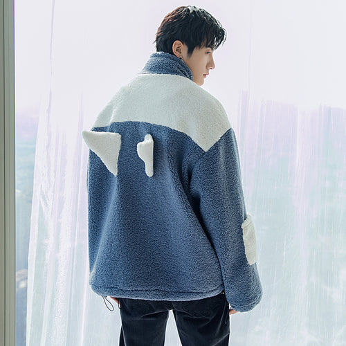 Sicilian men's color-blocking shirt with design sense wings on the back loose high-neck lamb wool coat men