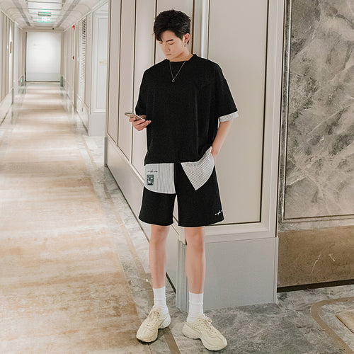 Sicilian men's clothing Hong Kong style half-sleeved men's tide brand trend loose men's stitching fake two black short-sleeved t-shirts