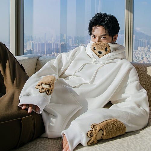 Sicilian men's winter new men's hooded sweater thickened flocking bear casual cute fake two-piece tops