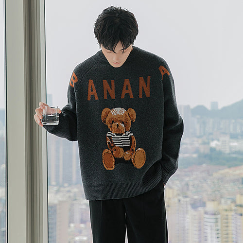 Sicilian men's new color contrast letter pullover long-sleeved cute bear loose casual lazy round neck sweater