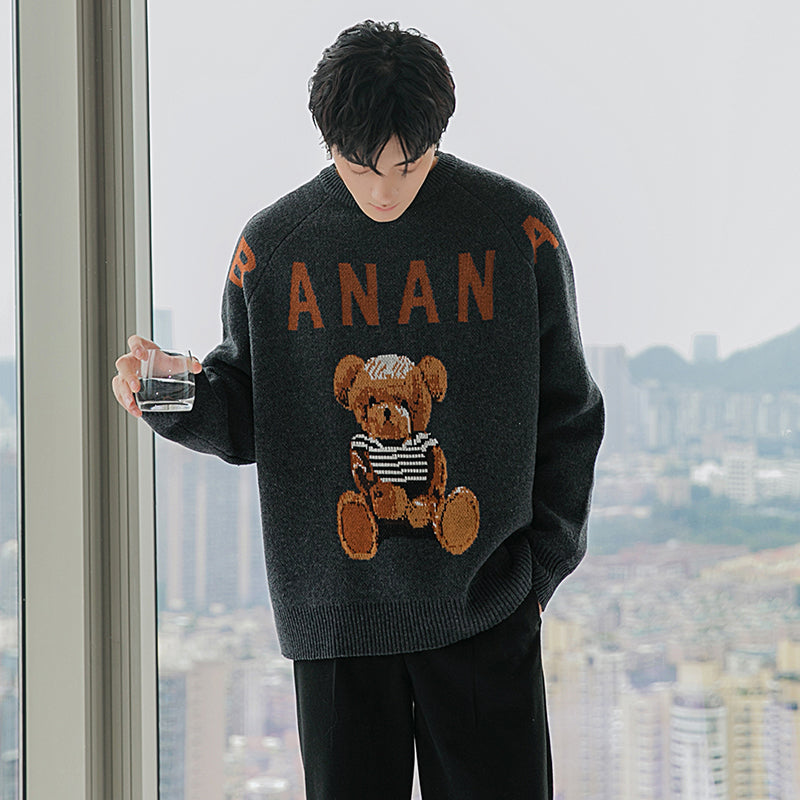 Sicilian men's new color contrast letter pullover long-sleeved cute bear loose casual lazy round neck sweater