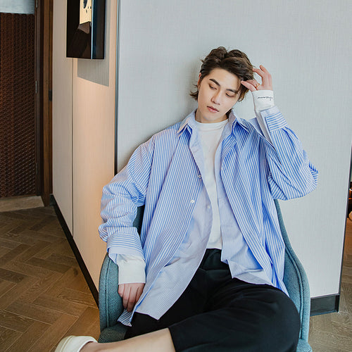 Sicilian men's autumn fake two-piece striped long-sleeved shirt male Korean version of the trend loose simple shirt jacket