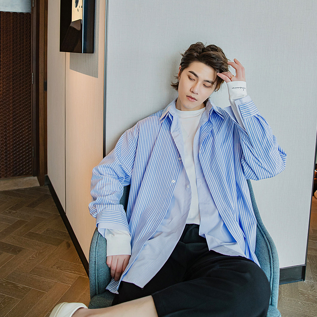 Sicilian men's autumn fake two-piece striped long-sleeved shirt male Korean version of the trend loose simple shirt jacket