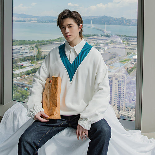 Sicilian men's college style Japanese shirt loose contrast color stitching thin v-neck sweater men's autumn