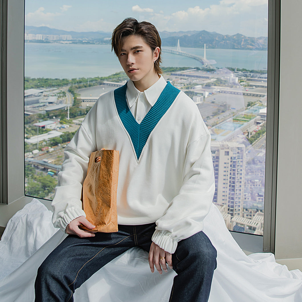 Sicilian men's college style Japanese shirt loose contrast color stitching thin v-neck sweater men's autumn
