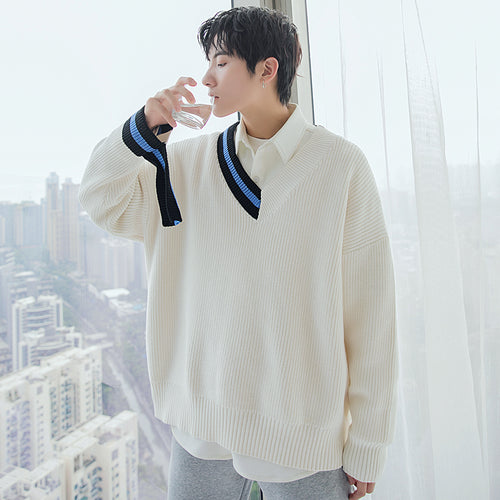 Sicilian men's winter new lazy style sweater V-neck contrast stitching loose casual men's pullover sweater 4657666954475 4657666954477 4657666954476 4657666954478