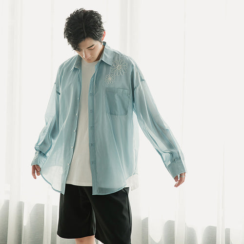 【Limited Time Special】Ice silk shirt men's Korean style trend loose embroidered shirt men's summer ultra-thin sun protection shirt