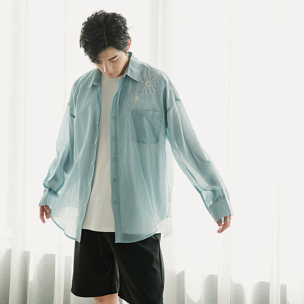 【Limited Time Special】Ice silk shirt men's Korean style trend loose embroidered shirt men's summer ultra-thin sun protection shirt