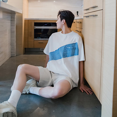 Sicilian men's summer Harajuku style short-sleeved men's tide brand trend loose boys half-sleeved white stitching t-shirt
