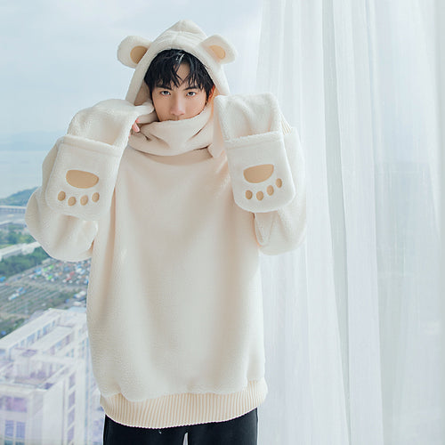 Sicilian men's winter lazy style cute bear ear tops men with cute scarf detachable hooded sweater