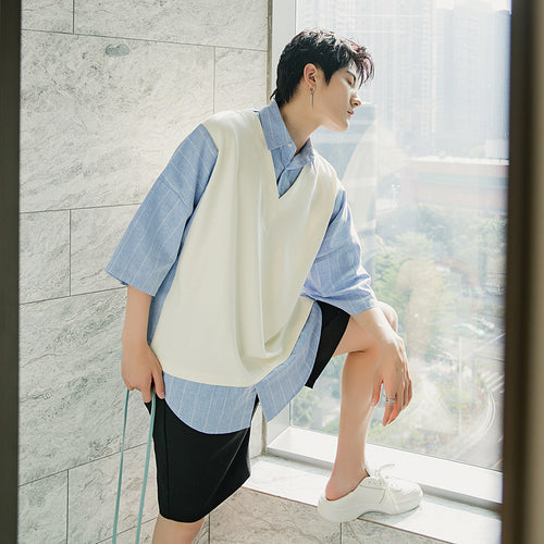 Sicilian men's fake two-piece splicing striped short-sleeved shirt male Korean version of the trend loose three-quarter sleeve shirt