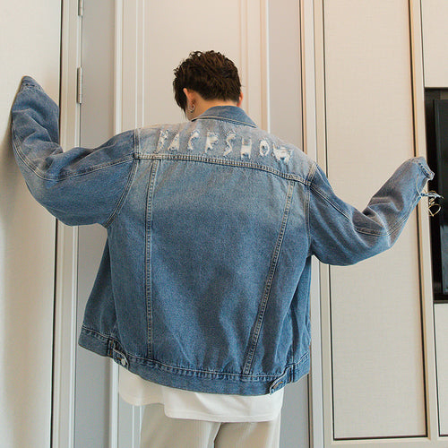 Sicilian men's blue ripped denim jacket male Korean version of the trend loose lapel men's casual spring and autumn jacket