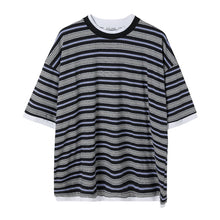 Load image into Gallery viewer, Sicilian men&#39;s summer Hong Kong style half-sleeved men&#39;s tide brand trend loose men&#39;s fake two striped short-sleeved t-shirts
