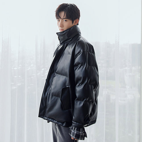 Sicilian men's winter new high-necked bread jacket with plaid on both sides, thick warm loose men's leather jacket