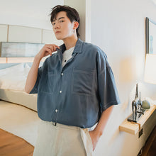 Load image into Gallery viewer, Sicilian men&#39;s summer short-sleeved shirt male Korean version of the trend handsome loose men&#39;s trendy black ice silk shirt
