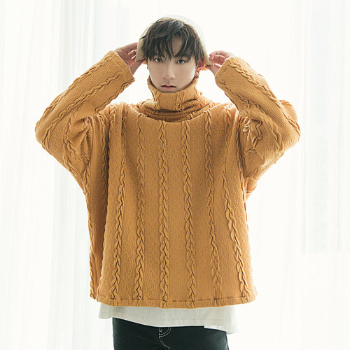 Sicilian men's autumn knitting loose thickening plus velvet wild twist turtleneck sweater male Korean trend
