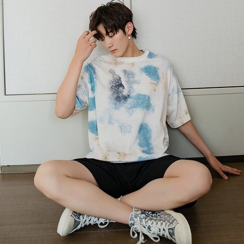 Sicilian men's summer Korean short-sleeved men's tide brand trend loose five-point sleeve men's half-sleeved tie-dye t-shirt