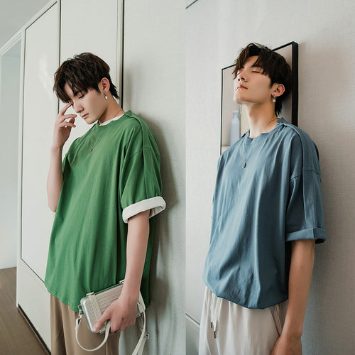 Sicilian men's summer Korean version of the trend of men's five-point sleeve bottoming shirt loose half-sleeved white short-sleeved t-shirt men