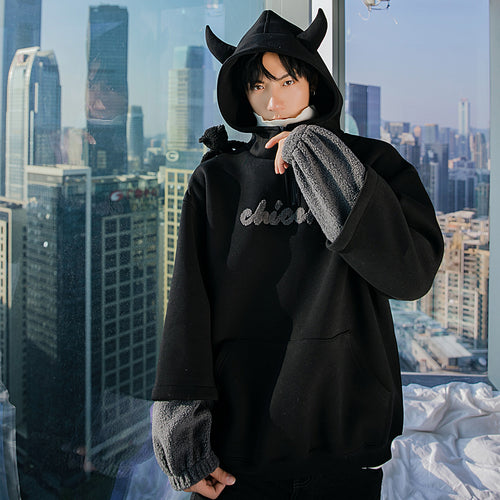 Sicilian men's winter new little devil hooded sweater design sense flocking letters contrast color stitching shirt men