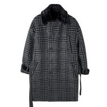 Load image into Gallery viewer, Sicilian men&#39;s mid-length belted woolen coat Korean style handsome plaid stitching thick coat
