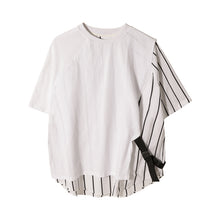 Load image into Gallery viewer, Sicilian men&#39;s clothing Hong Kong style short-sleeved men&#39;s trend loose white men&#39;s design sense striped stitching fake two-piece t-shirt
