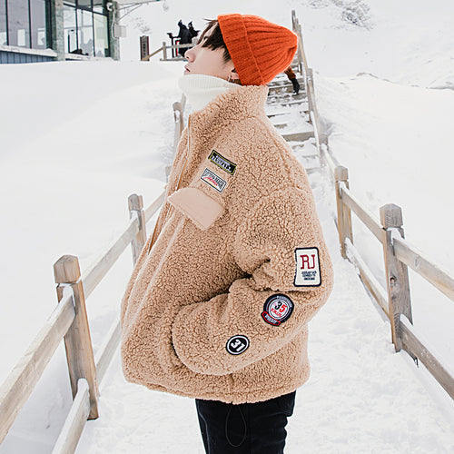 【Spot quick delivery】Fast delivery ~ lamb hair badge embroidered cotton jacket men's winter Korean version