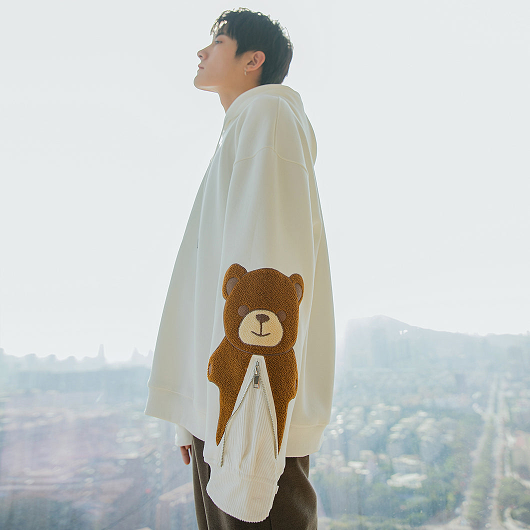 Sicilian men's lazy style long-sleeved loose design flocking cute zipper bear student white hooded sweater