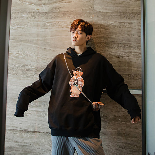 Sicilian men's clothing send shoulder bag autumn men's Korean style shirt loose embroidery bear hooded sweater men trend