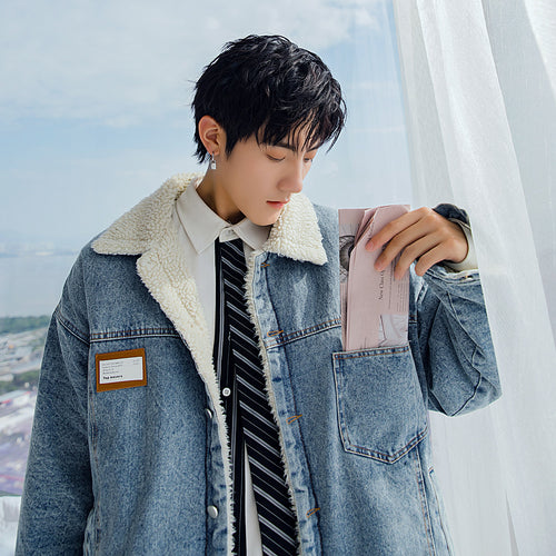【Take a 40% off straight down】Lamb velvet lapel padded jacket to keep warm, trendy and handsome men's denim jacket 4661529547897 4661529547896 4661529547895