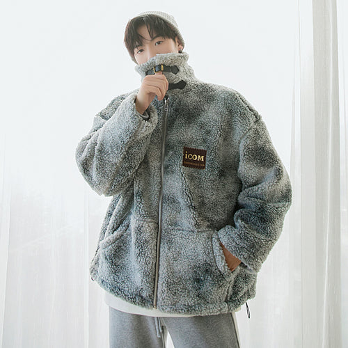 【Take a 40% off straight down】Lamb velvet stand-up collar cotton-padded jacket with embroidery loose and thick warm men's tie-dye jacket