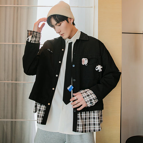 Sicilian men's spring clothes new plaid stitching fake two-piece jacket hole cute ornaments Korean trend loose