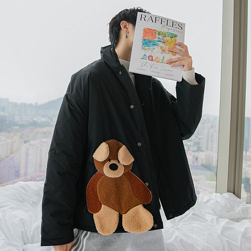 Sicilian men's black jacket male flocking cute bear jacket casual loose winter new stand-up collar jacket 4648825462637 4648825462636 4648825462638